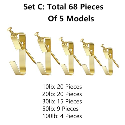 Image of 68 Pieces of 5 Models Picture Hanging Kit,10lb, 20lb, 30lb, 50lb and 100lb Picture Hangers, Metal Picture Hanging Hooks with Nails, on Drywall, Wooden Wall-Set C