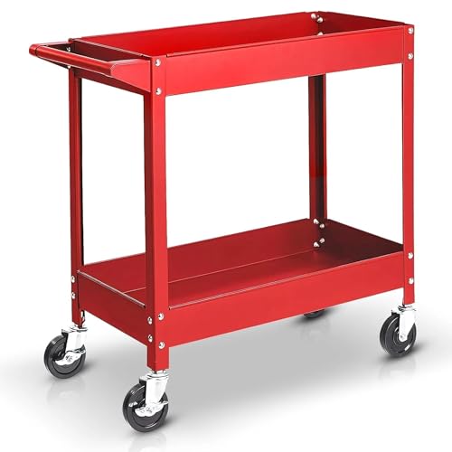 Heavy Duty 2/3 Tier Garage Tool Trolley Cart with Wheels – Workshop Storage Shelf for DIY & Mechanics (Red) (2 Tier)
