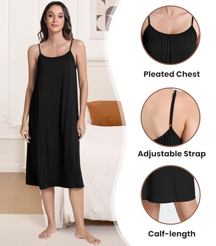 NACHILA Women's Full Slips for Under Dresses-Viscose Made from Bamboo, Adjustable Spaghetti Straps Cami Slip Dress Navy Blue M — view 4