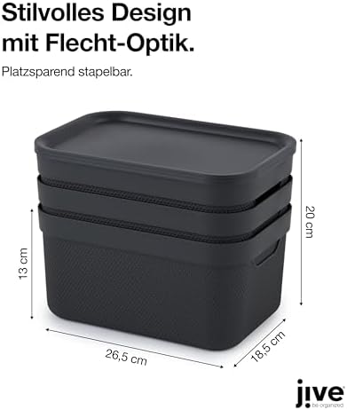 Jive Dekobox - Zestaw 3 ozdobnych pudełek do przechowywania 5 l z pokrywką, plastik (PP z recyklingu), czarny, 3x5 l (26,5 x 18,5 x 20 cm)