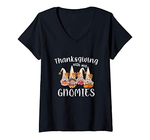 Mujer Acción de gracias con mis gnomos Otoño Otoño Gnomo Camiseta Cuello V