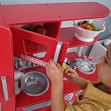 KidKraft Vintage czerwona kuchnia dziecięca z drewna z telefonem do zabawy, kuchnia do zabawy z lodówką retro, zabawka dla dzieci od 3 lat, 53173