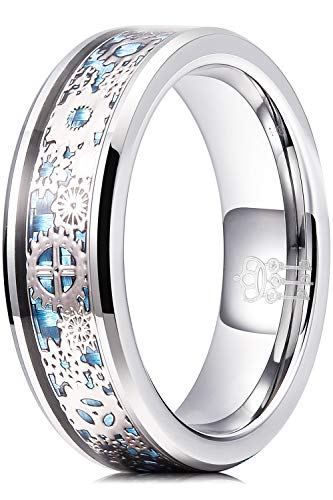 THREE KEYS JEWELRY Mens Gear Tungsten Carbide Unisex Wedding Bands Rings for Men 6mm Comfort Fit Vintage Punk Mechanical Foil Stone Meteorite Inlay Blue Silver Size 10