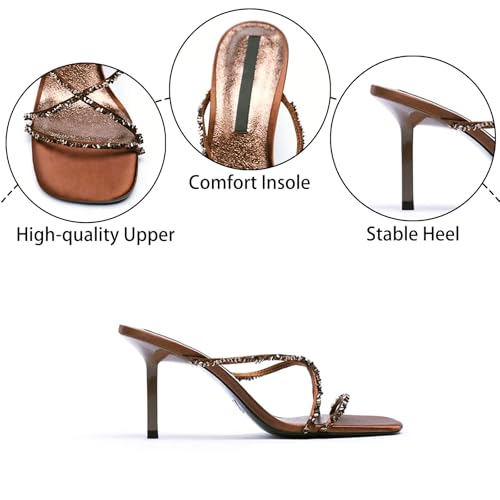 Women's Leather Rhinestones Strappy Stiletto Heeled Sandals Fashion Comfortable Square Open Toe Slip On High Heels Slides for Party Wedding Prom Dress Mules3