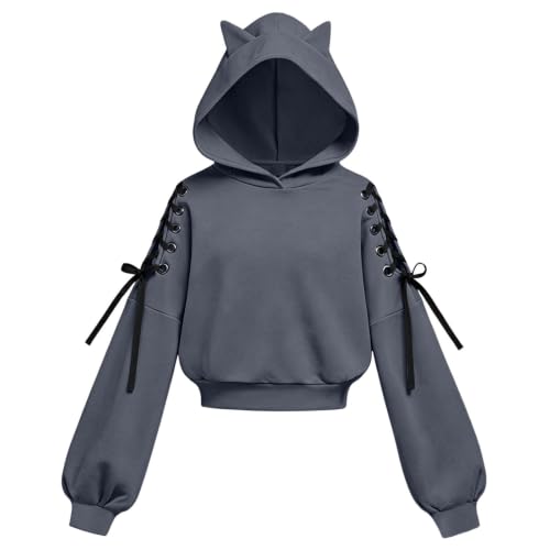 Girls Hoodies Size 10-12 Cute Cat Ear Hoodie Kids Sweatshirt with Lace Up | Girls Cat Ear Hoodie with Lace Up Sides, Puff Sleeves, Cropped, Soft, and Comfortable Wear for Kids and Teens Daily. - image 7
