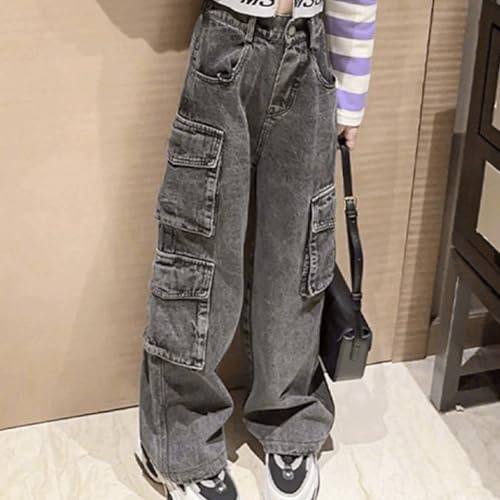 Baggy Jeans for Girls Asymmetrical Multi Pockets Cargo Wide Leg Pants Streetwear Cute Jeans for Girls Distressed Washed4