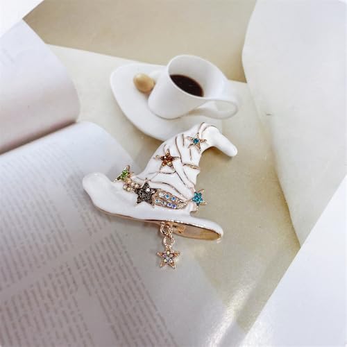 Image of Vintage Witch Hat Star Colorful CZ Dangle Black White Enamel Halloween Brooch Lapel Pins for Women Girls Boys Gold Plated Fashion Magic Witch Brooches Pin Cute Holiday Party Hat Bag Suit Accessories Jewelry Gift