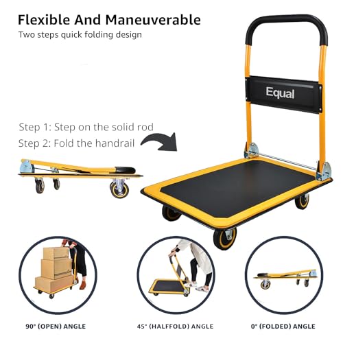 Image of Equal 300kg Capacity Steel Foldable Platform Trolley for Heavy Weight /Material Handling Goods Trolley for Home, Office, Warehouse & Industries - 61cm x 91cm (5 inch Wheel /Yellow Color)