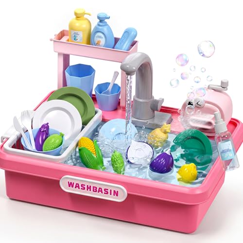 Play Sink with Running Water Kitchen Play Sink Toys for Boys Upgraded Real Faucet and Play Dishes Pretend Role Play Toys for Girls Boys Birthday Gifts for Kids 3-5 Practice Cleaning Pink
