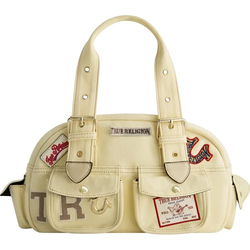 True Religion Satchel Bag, Multi-Patch Women's Handbag with Adjustable Shoulder Strap, Beige, One Size