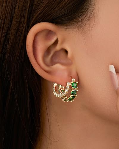 Mesovor Gold Zircon Double Hoop Earrings for Women, 14K Gold Plated Square Colored Cubic Zirconia Hoops Earrings Jewelry Gifts3