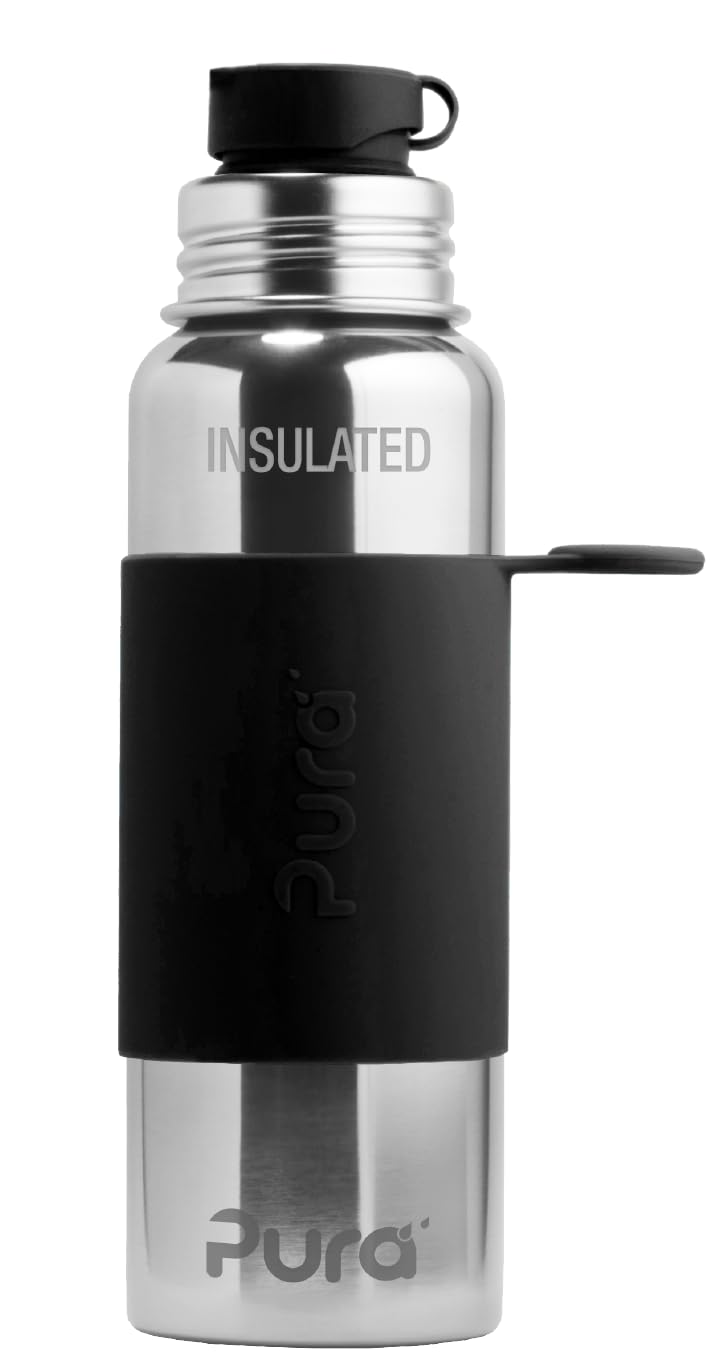 PuraInsulated Stainless Steel 22oz Sport Water Bottle | BPA Free & Plastic Free Silicone Sleeve & Spill Proof Lid for Kids & Adults - Black