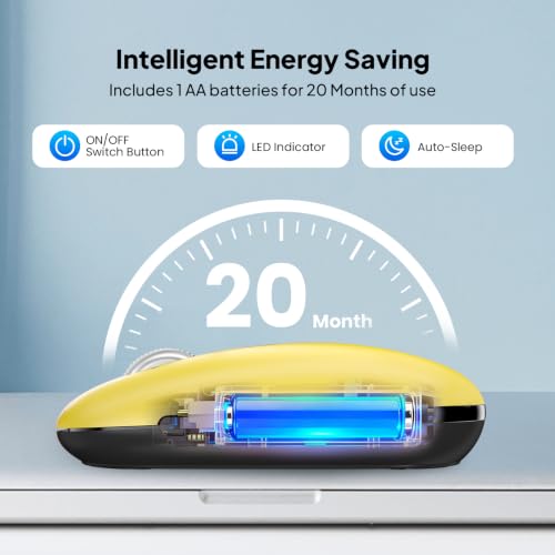 Image of Wireless Bluetooth Mouse,USB+BTx2,Slim Pebble Multi Device Small Travel Mice,Metal 4 Way Super Scrolling,± 3000 DPI,Quiet,Portable,Long Battery for Laptop,Computer,Tablet,Mac,iPad,PC,Phone (Yellow)