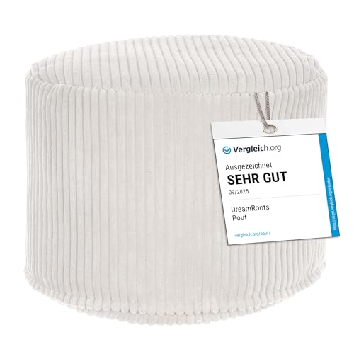 DreamRoots Runder Cord Pouf Hocker 380 g/m2 als Bequemer Bodenstuhl und Vielseitiges Sitzkissen Boden für Wohnzimmer Schlafzimmer oder Homeoffice 35x35x25 cm White Dove