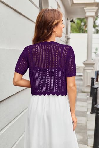 Image of Kate Kasin Women Crochet Shrug Knit Sweater, Short Sleeve Cropped Cardigan | Tie Front Tops Light Weight, Knit Cover Up Arm Bolero For Evening Dresses Dressy Casual, Ladies Eyelet Shawl Thin Formal