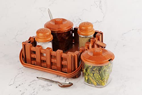 Image of Nabhya Complete Dining Table Set of Pickle Jars, Salt and Pepper Dispenser, Toothpick Holder and Spoon Holder(Wooden Look Design, Plastic) (Woodland)