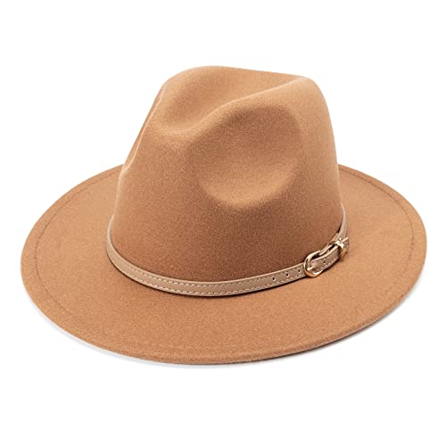 DRESHOW Sombrero de ala ancha Fedora para mujer Hebilla de cinturón Retro Panamá Floppy Hat