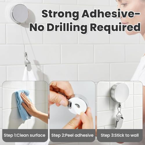 Image of Stainless Steel Retractable Dish Towel Holder Clips | No Drill Self Adhesive Wall Mounted Hand Towel Hook & Rag Plug | Punch Free Wire Clip Hangers for Kitchen & Bathroom (Multicolor)