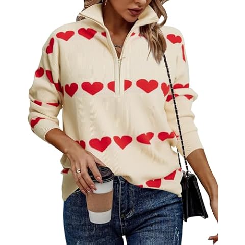 LUKYCILD Love Heart Sweater Quarter Zip Sweater Women V Neck Valentines Pullover Sweatshirt Ribbed Knitted Loose Slouchy Tops Apricot Cover