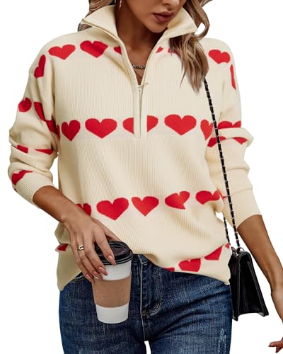 LUKYCILD Love Heart Sweater Quarter Zip Sweater Women V Neck