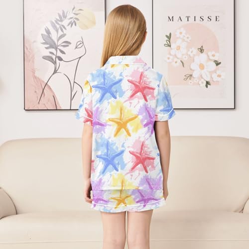 Watercolor Starfish Pattern Summer Satin Pajama Set, Cute Button-Down Sleepwear Pj Set for Sleep Wears4