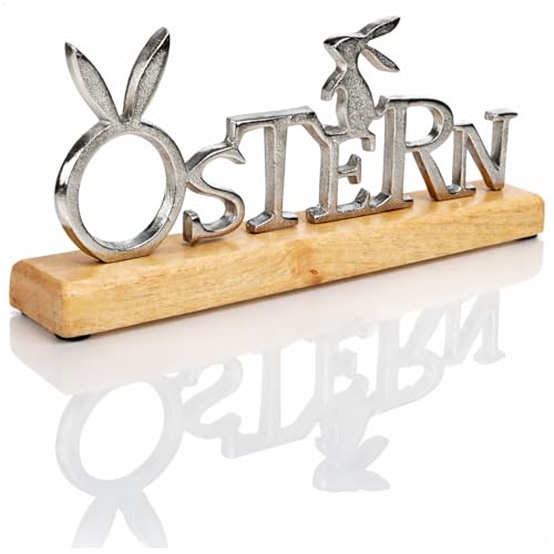 com-four® Deko-Aufsteller Ostern - Schriftzug aus Metall auf Mangoholz-Sockel, 33 cm lang - Metall-Oster-Dekoschrift zum Hinstellen - Moderne Osterdekoration für Tisch und Komode (1x Schriftzug 01)