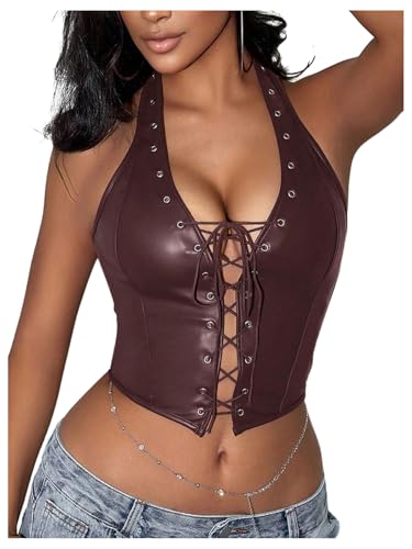Image of WDIRARA Women's Punk PU Leather Halter Top Grommet Eyelet Tie Front Corset Crop Top