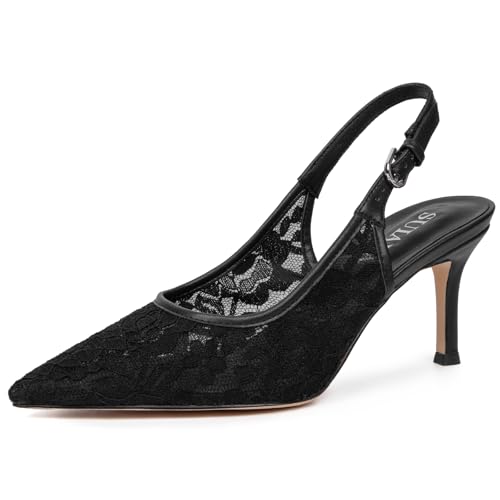 SUIARA Black Lace Wedding Heels for Women Bridal Kitten Heels Bride Shoes Mesh Slingback Closed Pointed Toe Dressy Pumps