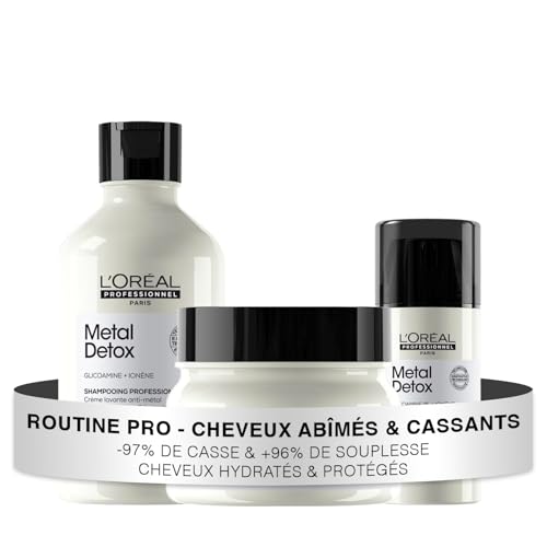 L'OREAL PROFESSIONNEL - Routine Pour Cheveux Abîmés & Cassants - Metal Detox - -97% de Casse & +96% de Souplesse - Cheveux Hydratés & Protégés - Shampoing (300ml) + Masque (250ml) + Crème (100ml)