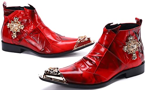 Santimon Ankle Genuine Leather Fashion Zipper Pointed Metal Toe Chelsea Dress Boots For Men Casual Western Wedding Party Cowboy Singer Ballroom Red 10 Us #TOP5