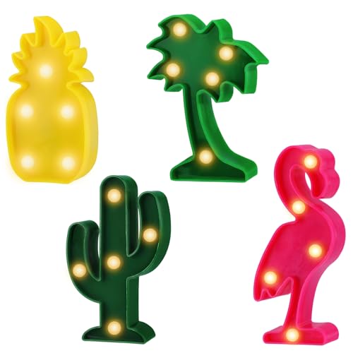Bigmeta Hawaiian Party Decorations Lights - 4 Shapes Flamingo Cacti Pineapple Palm Tree Mini LED Sign Lamps for Summer Beach Tropical Party Decor Supplies