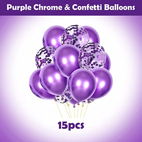 Image of Party Propz Purple Balloons For Birthday Decoration - Set of 15 Pcs Chrome Balloons and Confetti Balloons | Purple Birthday Decoration Items | purple Theme Birthday Decorations (Latex)
