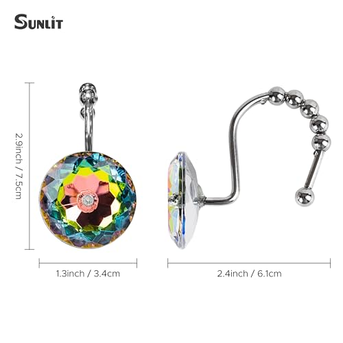 Sunlit Luxury Design Glitter Round Colorful Diamond Crystal Gem Bling with Glide Balls Shower Curtain Hooks, Rust Proof Metal Rhinestones Glam Shower Curtain Rings-12 Pack - Thumbnail 2
