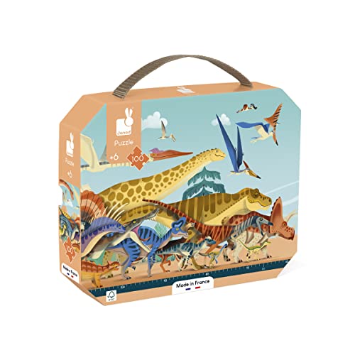 Janod Puzzle Enfant Panoramique Dino 100 Pièces-1 Mètre de Long-Carton Certifié FSC-Encre Végétale-Fabriqué en France-Dès 6 Ans, J05831, Multicolore