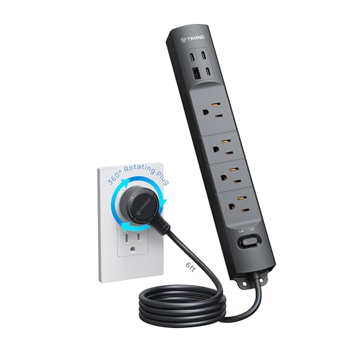 TROND Power Strip 360 Rotating Flat Plug 4 Widely Spaced Outlets 4 USB Ports 6ft Extension Cord 1440J Surge Protector for Home Office Black