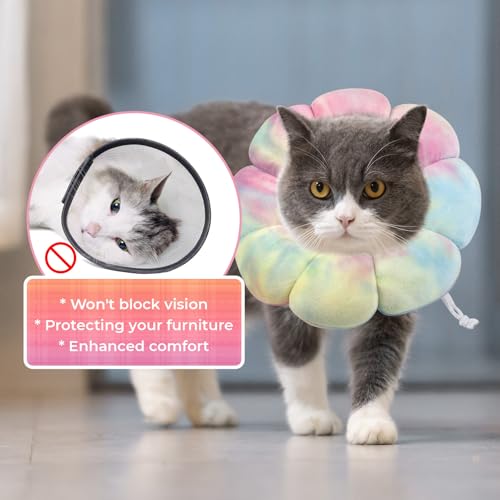 Image of Flower Cat Cone, Uadonile Adjustable Dog Cone Collar, Soft Dog Elizabethan Collar Recovery E Collar After Surgery, Recovery E-Collar for Kittens /Puppies and Cats Recovery(Tie-dye Pink Blue, L)