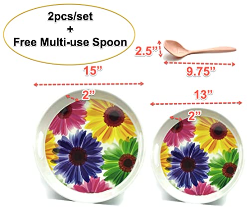 Christmas Serving Tray, Melamine Round Serving Tray Decorative Serving Tray For Tea, Drinks, Fruits In Size 13"/15"+ Free Serving Spoon (Flower-2Pcs/Set) #TOP3