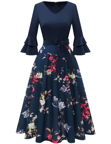 Image of DRESSTELLS Women's Cocktail Dress Summer Wedding Guest Party Vintage 3 /4 Bell Sleeve V Neck A-Line Dress