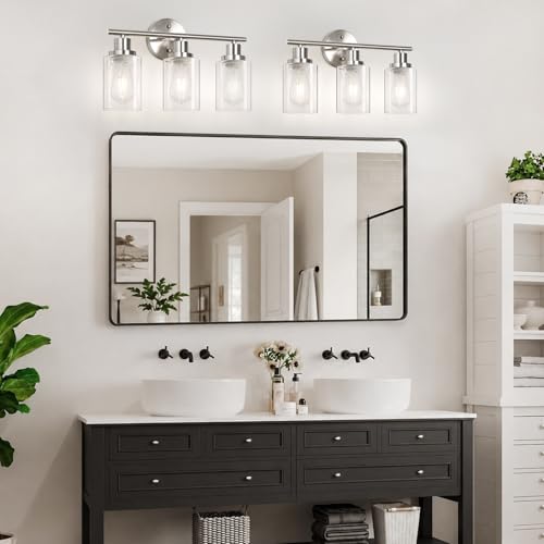 Image of Unicozin Modern Bathroom Light Fixtures, 3 Light Vanity Lights with E26 Bulbs, Brushed Nickel Wall Lamp with Clear Glass for Mirror Living Room Hallway Cabinet Porch