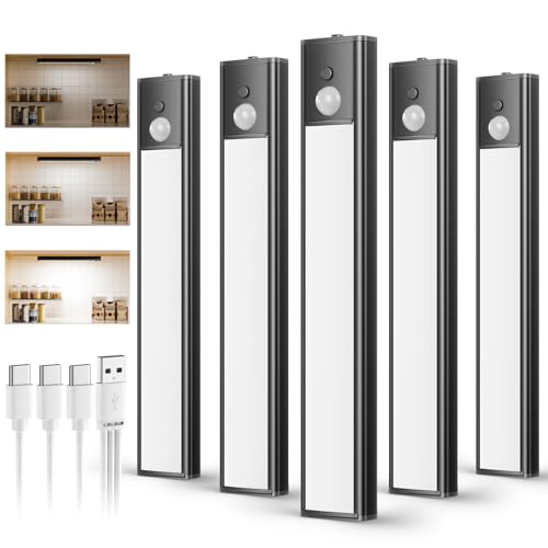daphomeu 5 Pack Luces led Cocina Recargables,Luz Armario Sensor Movimiento Atenuable tipo C carga,Luz Sensor Movimiento Interior, Lampara Led para estantería, armario de escaleras