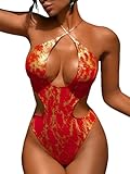ChiaoLezhee Women's Metallic Snakeskin Monokini, Crisscross Halter Cutout One Piece Swimsuit, Sexy Rave Festival Bodysuit, Cheeky High Cut Flattering Summer Beach Pool Outfits,Red and Gold,S