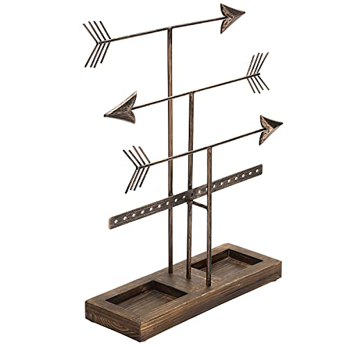 Mygift 3 Tier Rustic Bronze Metal Arrows Design Jewelry, Earring Holder And Necklace Organizer Tower Rack With Burnt Wood Ring Dish Tray #TOP6