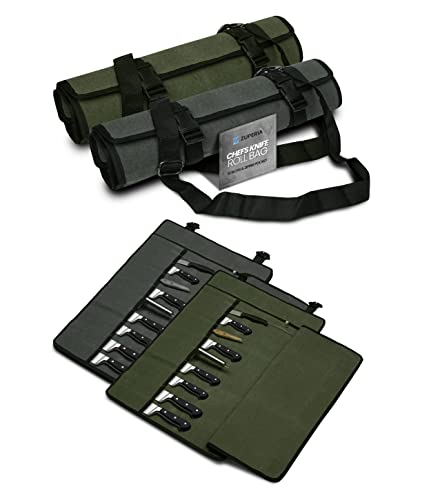 Zuperia Chef’s Knife Roll Bag- 2 Pack, Waxed Canvas Knife Cultery Carrier, Portable Chef Knife Cases, Knife Pouch Holders-10 Slots & 1 Zipper Pocket- Hold Kitchen Knife Tools Up To 18.8” (Grey/Green) #TOP1