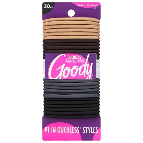 Goody Ouchless Elastic Hair Ties, 30 Ct, Neutrals, 4MM Rubber Bands, Pain-Free