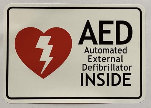 5 Pack -AED AUTOMATED EXTERNAL DEFIBRILLATOR INSIDE sticker decal (reflective !!! White, 4 MIL STICKER, SIZE 3.5x5 INCH)