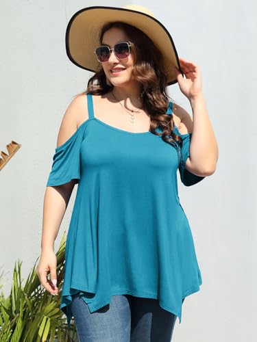 Image of LARACE Cold Shoulder Tops for Womens Summer Clothes Spaghetti Strape Tunic Oversized Shirts Asymmetrical Plus Size Blouse