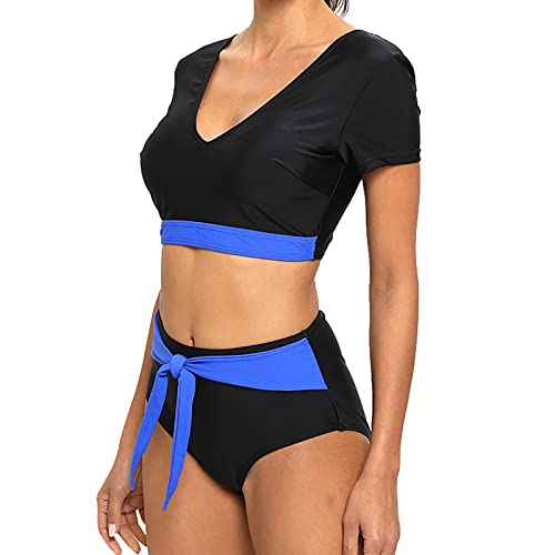 G String Bikini Set Women's Summer Solid High Waist Bikini Split Two Piece Swimsuit Women's Short Sleeve Border Color Black #TOP26