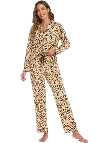 Image of LUBOT 100% Cotton Pajamas for Women Pajama Set 2 Piece PJ Sleepwear Set Soft Ladies Button Knit Long Sleeve Loungewear XS-XXL