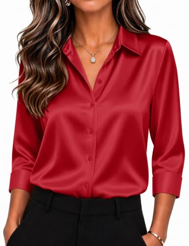 Image of Zeagoo Womens Satin Blouses Button Down Shirts 3 /4 Sleeve Dressy Tops S-2XL