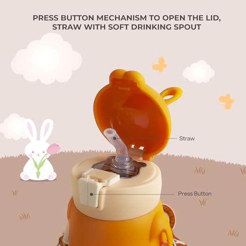 Image of Cello Bunny Kids Stainless Steel Flask 500ml, Orange | Double Walled Vacuum Insulated Technology | One Click Push Button to Open | Ideal for School, Sports, Picnics